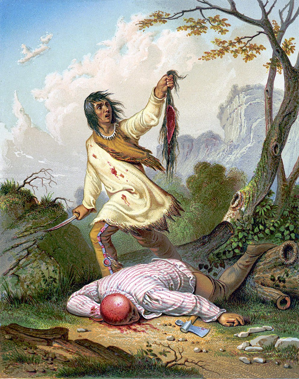 Indianin trzymający nóż i skórę głowy nad leżącym na podłodze mężczyzną. Grawerowanie v. 1860. autorstwa Unknown artist