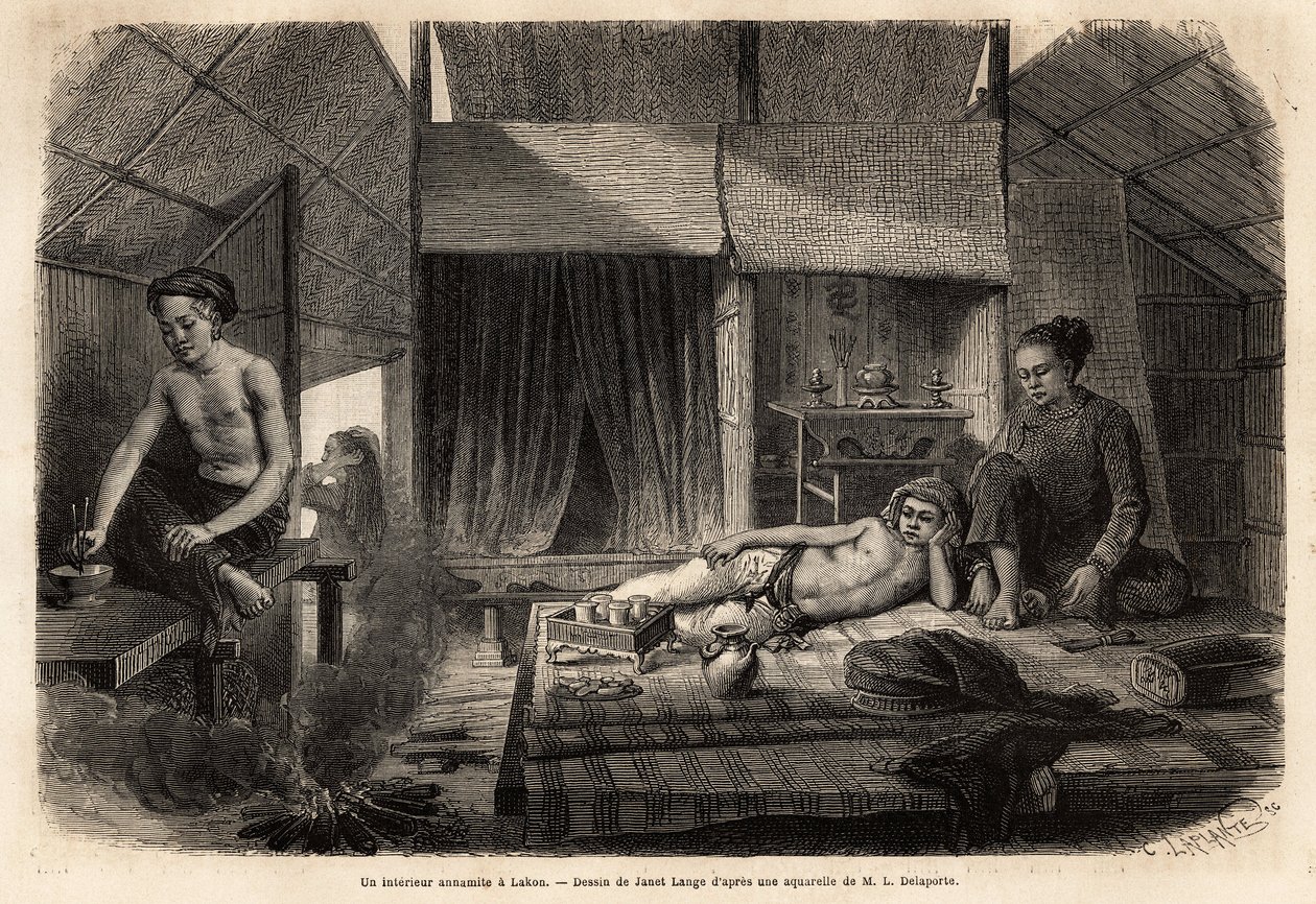 Wnętrze annamickie w Lakon (Laos). Grawer ilustrujący podróż eksploracyjną w Indochinach autorstwa Francisa Garniera, porucznika de Vaissseau, w latach 1866-1868, opublikowany w „Le tour du monde”” 1870-1871, pod redakcją Edouarda Chartona, wyd. Hachette,  autorstwa Unknown artist