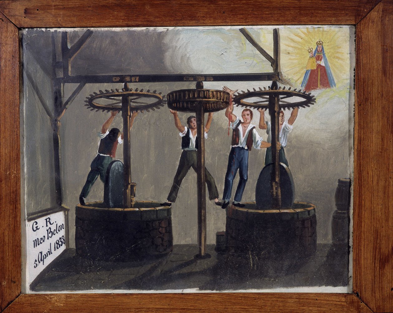 Wypadek przy tłoczni oliwy - ex-voto Notre Dame de Laghet autorstwa Unknown artist