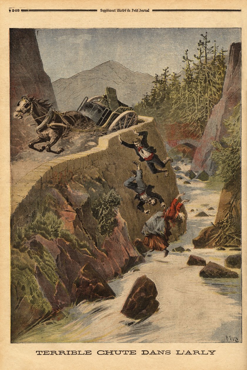 Wypadek czołgu na ławce w Sabaudii, pojazd przewraca się, a pasażerowie wytrącają się w Arly. Grawerowanie w „”Le petit journal”” 2.08.1896. Kolekcja Selvy. autorstwa Unknown artist