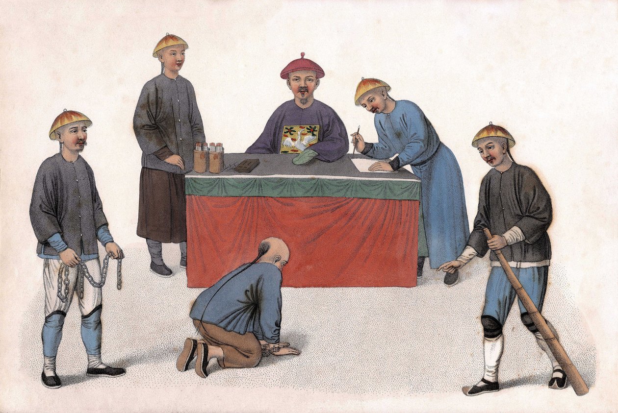 Oskarżonemu przed sędzią pomagali urzędnik, sekretarz i strażnicy. w „Kara Chińczyków”, Londyn autorstwa Unknown artist