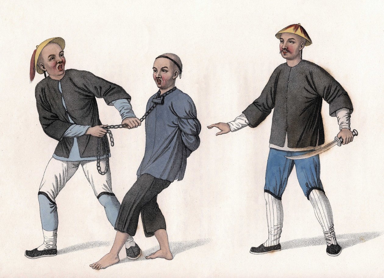 Oskarżony zostaje zabrany do więzienia, wiązany łańcuszkiem na szyi. Grawer, w „Kara Chińczyków”, Londyn autorstwa Unknown artist