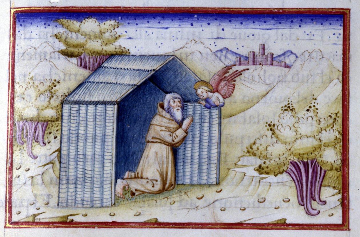 Anioł odwiedza pustelnika. Rękopis z XV wieku. Biblia Nazionale Braidens. autorstwa Unknown artist