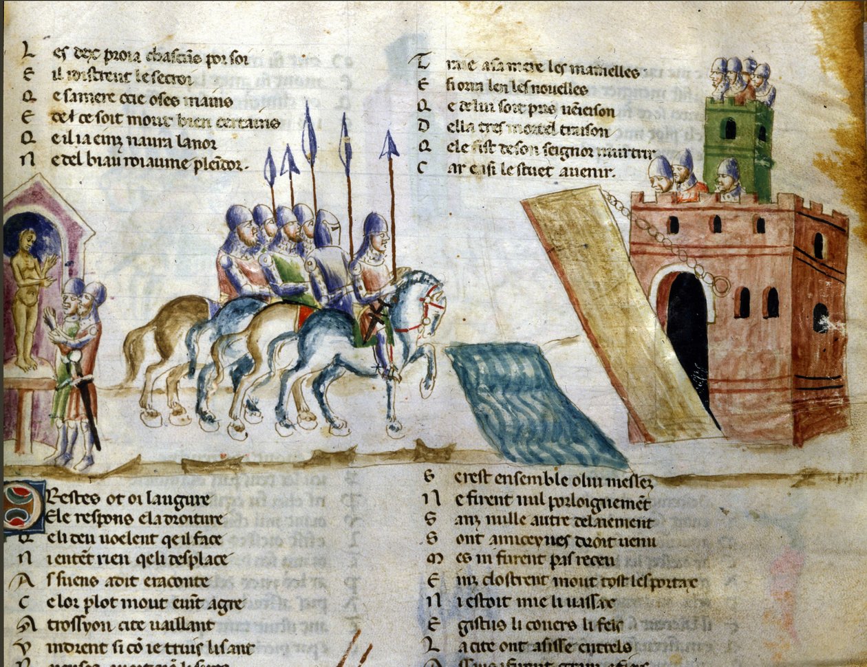 Armia zbliża się do zamku. Miniatura „Roman de Troy” autorstwa Benoit de Sainte Maure. XIV wiek, Biblioteca Marciana, Wenecja autorstwa Unknown artist