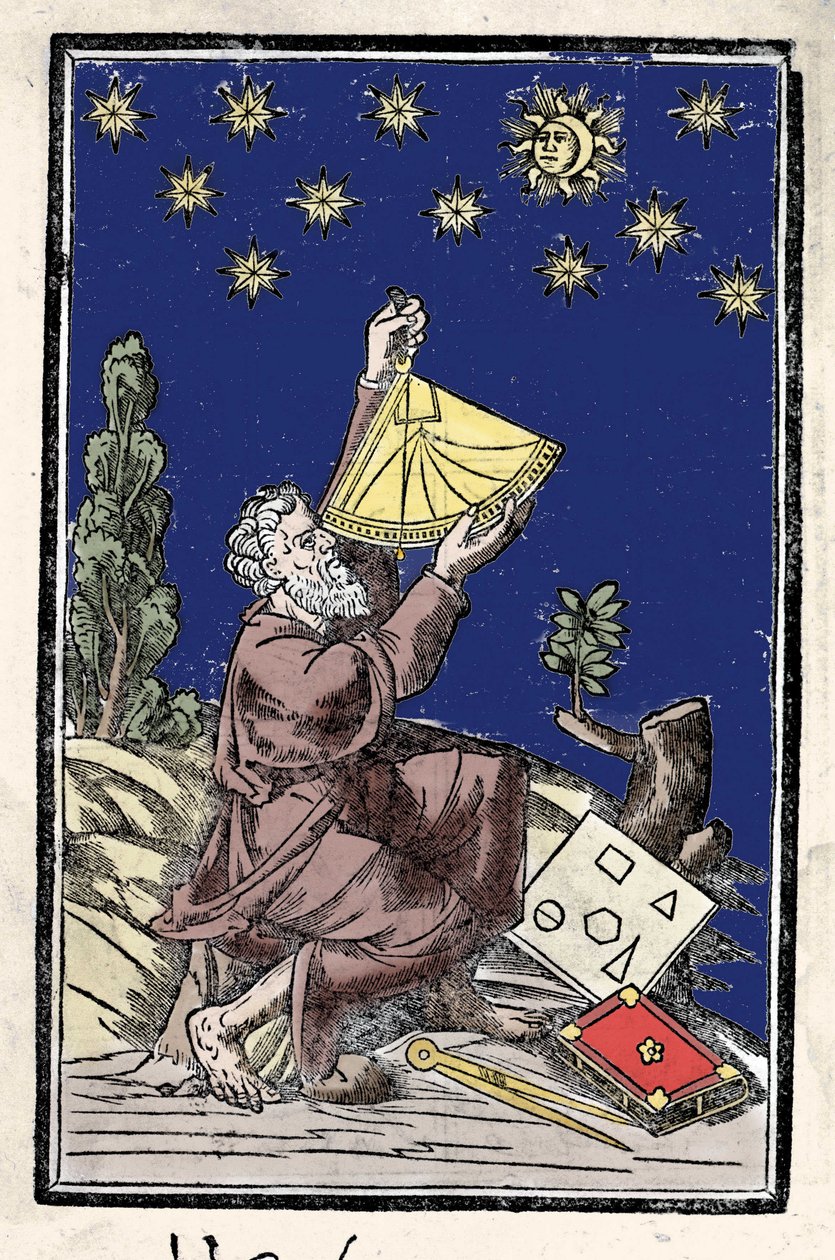 Astronom wykonujący obliczenia przy użyciu sekstantu podczas zaćmienia. Rycina z XVI wieku. autorstwa Unknown artist