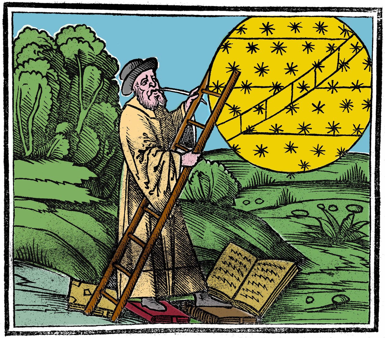 Astronom stawiający drabinę, by wspiąć się w niebo. autorstwa Unknown artist