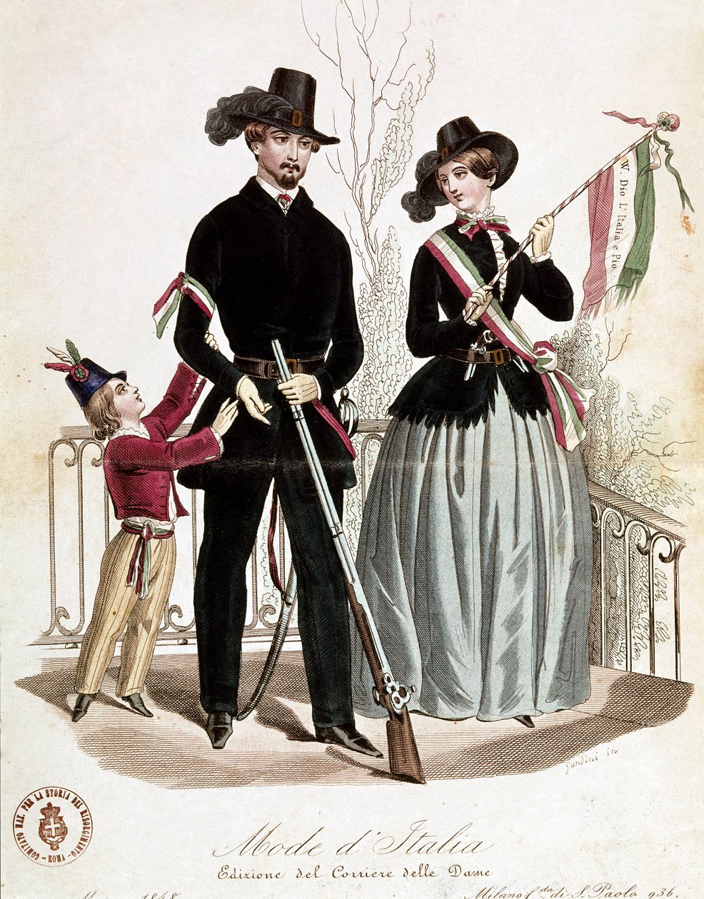 Elegancka rodzina patriotyczna w czasach Risorgimento (litografia autorstwa Unknown artist