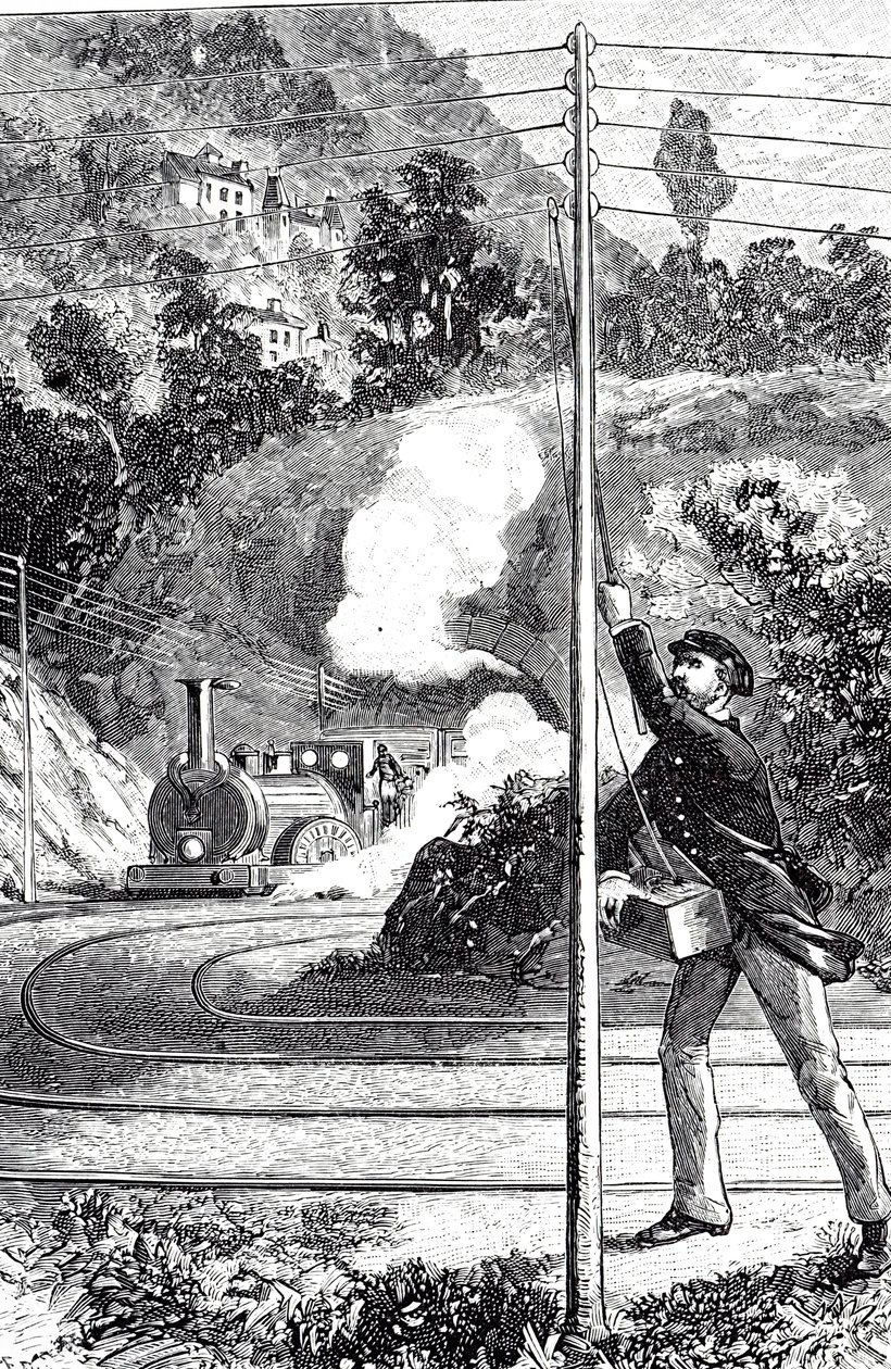 Uma gravura representando um trabalhador de trem enviando um sinal de emergência em postes telegráficos ferroviários autorstwa Unknown artist