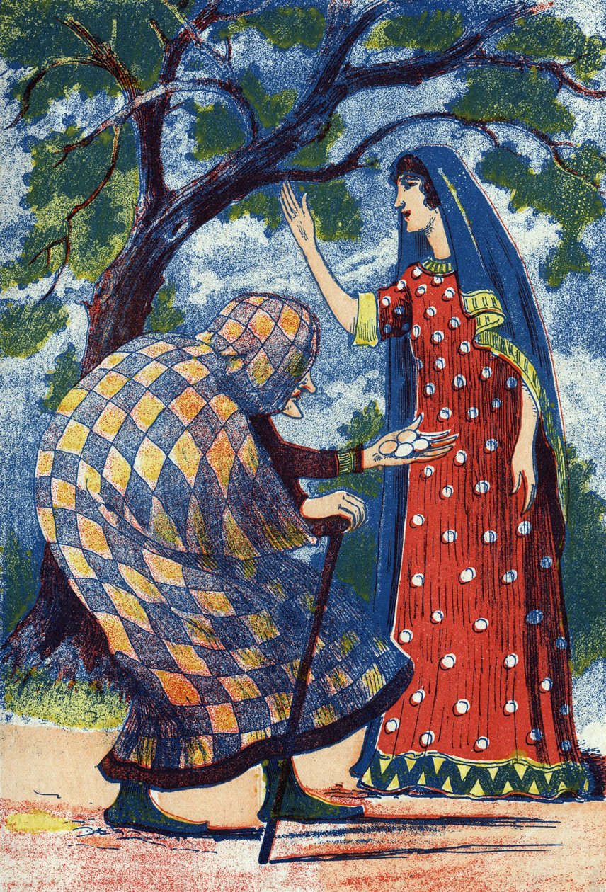Staruszka daje Florine cztery jajka. Anonimowa ilustracja do bajki „L