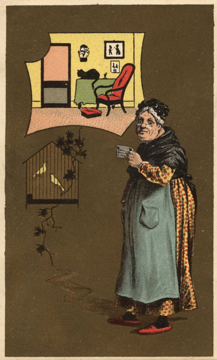 Stara kobieta trzymająca filiżankę w pobliżu klatki z ptakami. Anonimowa chromolitografia, koniec XIX wieku. autorstwa Unknown artist