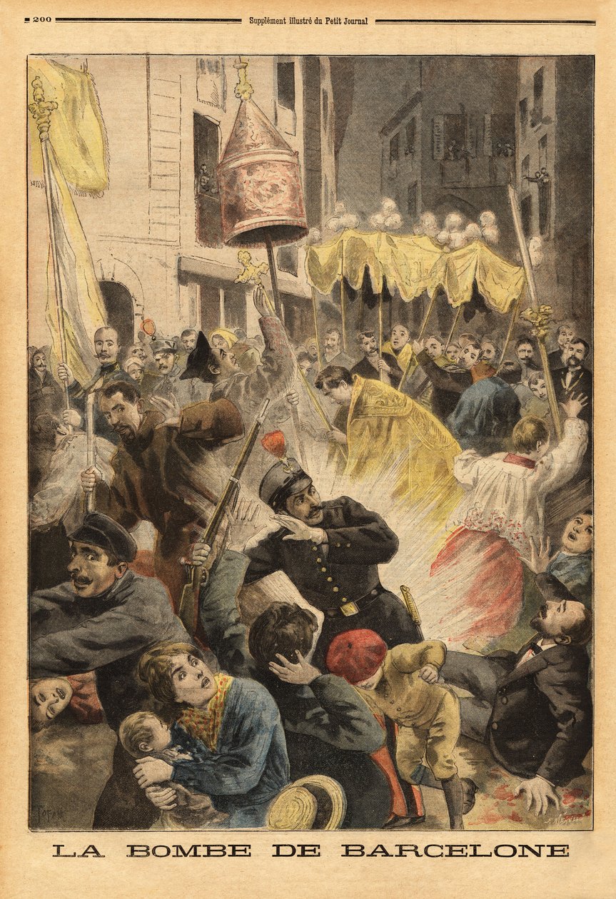 Atak anarchistów w Barcelonie, wybuch bomby w procesji opuszczającej kościół Santa Maria, street nuevos cambios. Grawerowanie w „”Le petit journal”” 21.06.1896. Kolekcja Selvy. autorstwa Unknown artist