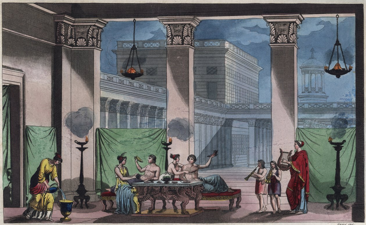 Starożytna Grecja - Triclinium - grawer z „” Zwyczajów i Tradycji Wszystkich Ludów Wszechświata. Czyli Historia rządu, praw, milicji, religii wszystkich narodów od czasów najdalszych do dnia dzisiejszego „1856 autorstwa Unknown artist