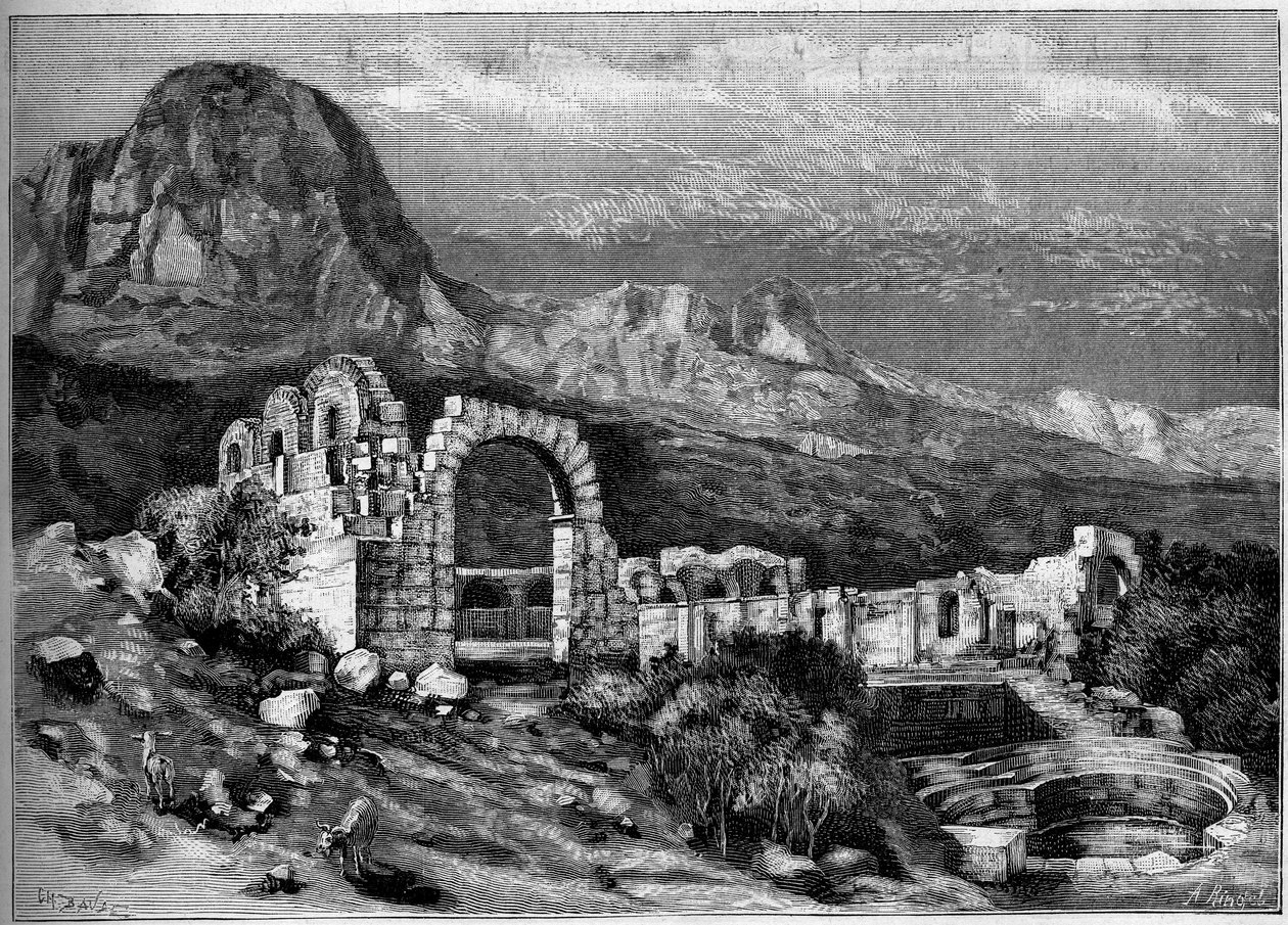Architektura antyczna: ruiny rzymskiej świątyni Zaghouan (Tunezja). Grawerowanie autorstwa Riugel w „”The Illustrous World”” n°1308 z 22 kwietnia 1882 r. autorstwa Unknown artist