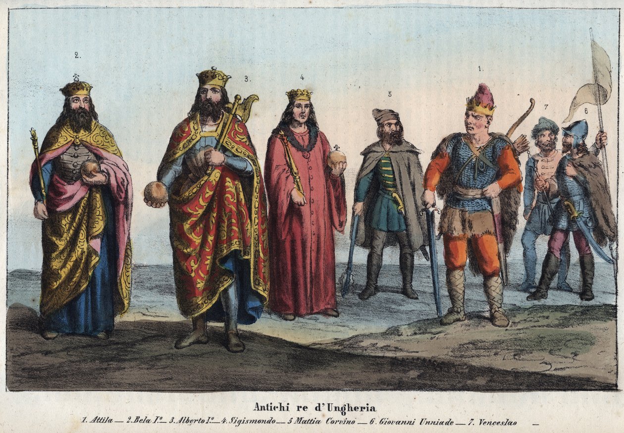 Starożytny król Węgier - Attyla (ok. 395-453) - Bela I Czempion lub Wisen (Bela I arpad znany jako Bela Żubr lub Bela Czempion, ok. 1015-1063) - Albert I Niemiecki (Albert I z Habsburgów autorstwa Unknown artist