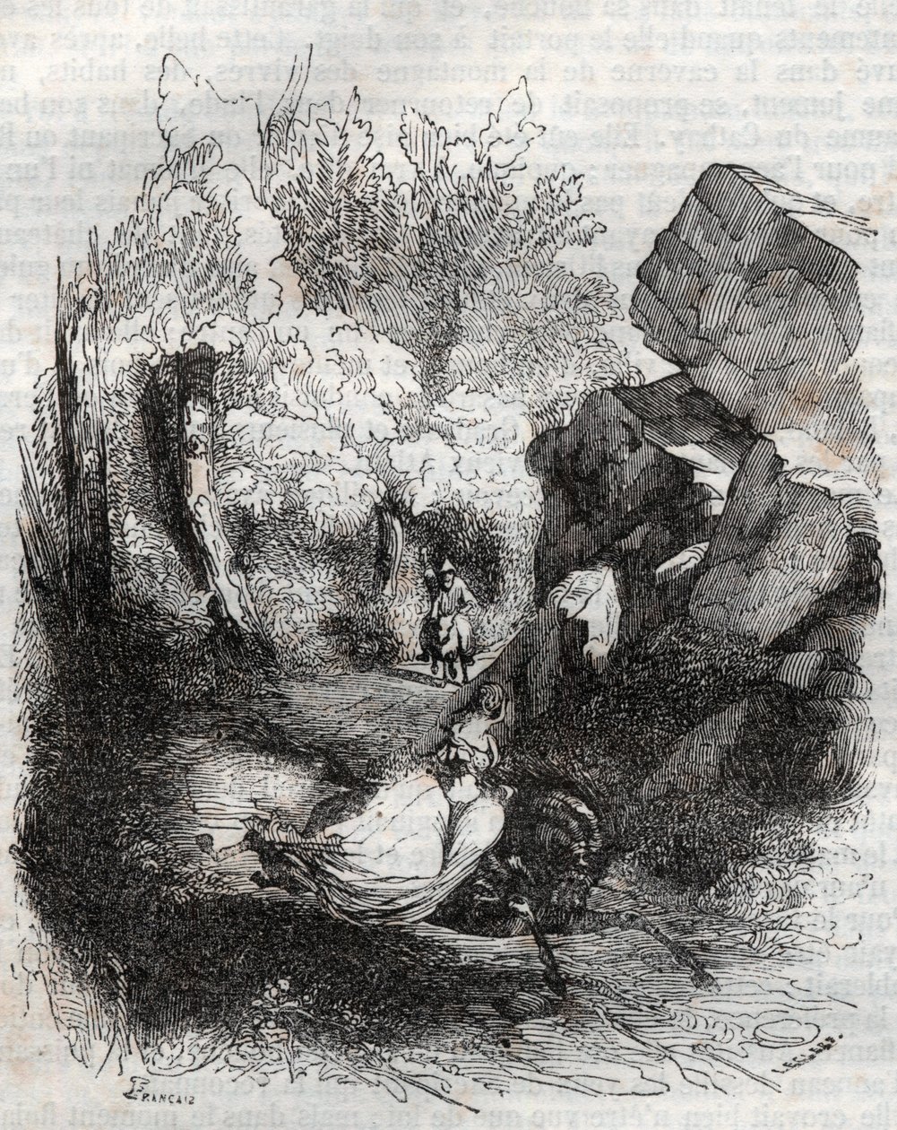 Angelique (Angelica) uciekająca przed starym pustelnikiem - rycina z 1851 r. z „Wściekły Roland” (Orlando furioso) (XVI w.) Ludovico Ariosto, znanego jako Ariosta - Wydanie przetłumaczone z włoskiego przez hrabiego Tressan i wydane przez Gustave
