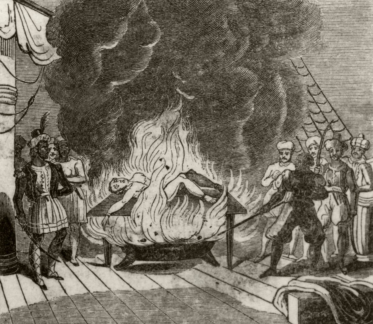 „Angora, indyjski pirat, pieczenie angielskiego kapitana żywcem”, ok. 1836 r.” autorstwa Unknown artist