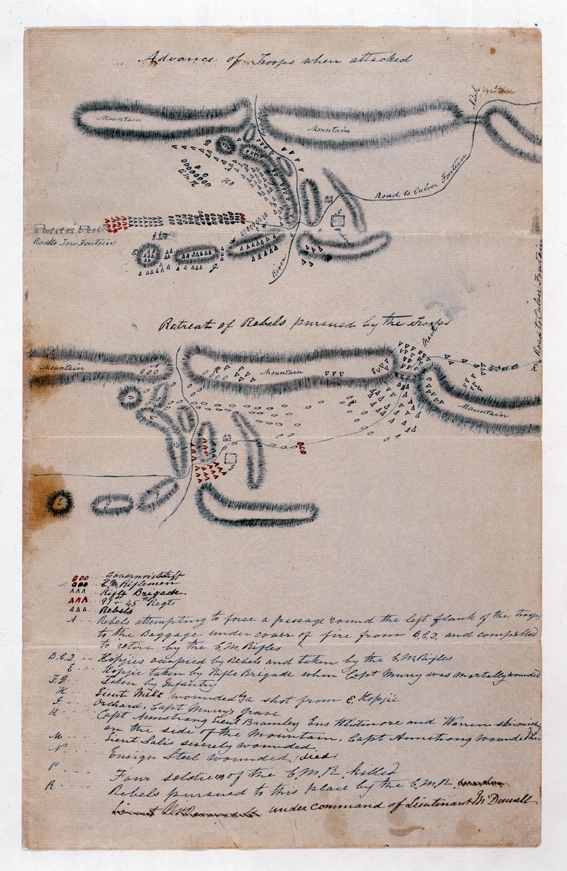 Opisane szkic mapy bitwy pod Boomplaats, 29 sierpnia 1848 (papier) autorstwa Unknown artist