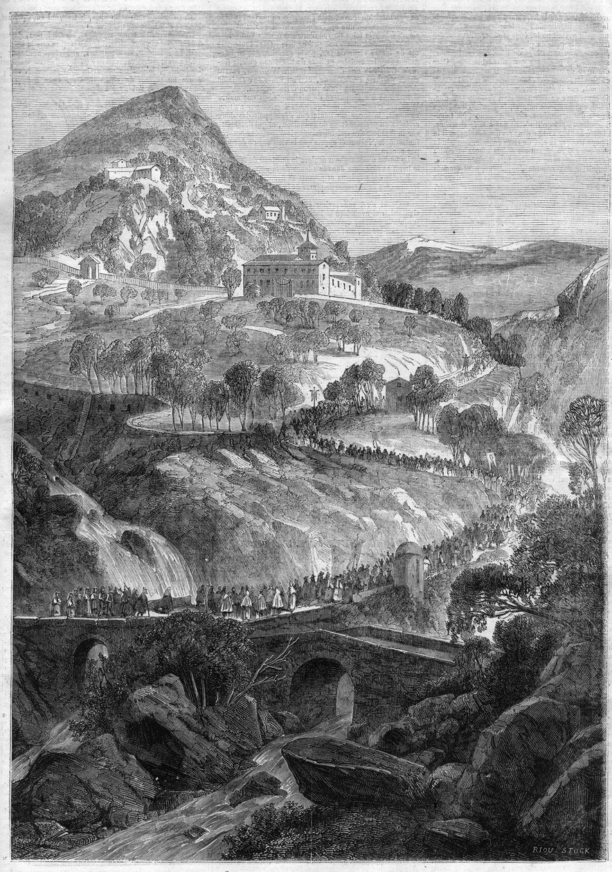 Doroczna pielgrzymka 21 marca do klasztoru św. Benedykta na Górze Cavo (Colli Albani) niedaleko Rzymu - Rycina z 1868 r. autorstwa Unknown artist
