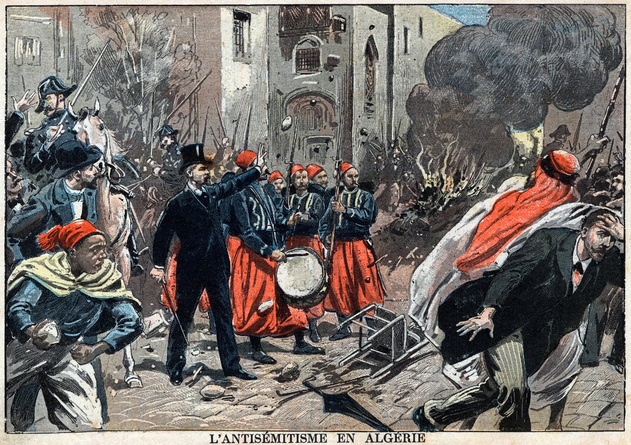 Antysemityzm w Algierii w 1898 r. – W Algierze miały miejsce protesty antysemickie, gubernator generalny Louis Lepine interweniował, aby powstrzymać grabieże żydowskich sklepów, ilustracja z gazety „Le-Plerin” z 6 lutego autorstwa Unknown artist