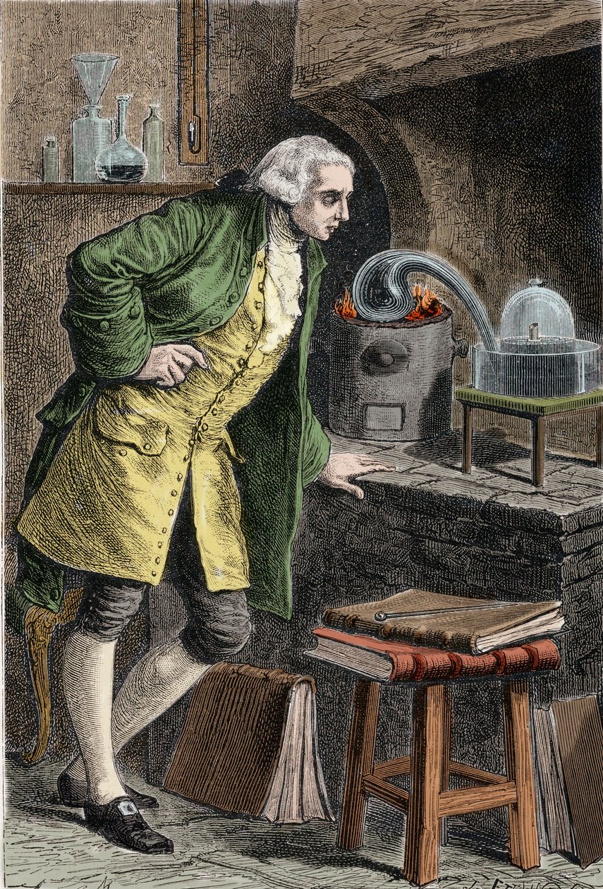 Antoine Laurent Lavoisier (1743-1894) Francuski chemik badający istnienie tlenu w powietrzu: eksperyment, w którym uzyskał tlenek rtęci - Lavoisier dans son laboratoire. Rycina XIX wieku. autorstwa Unknown artist