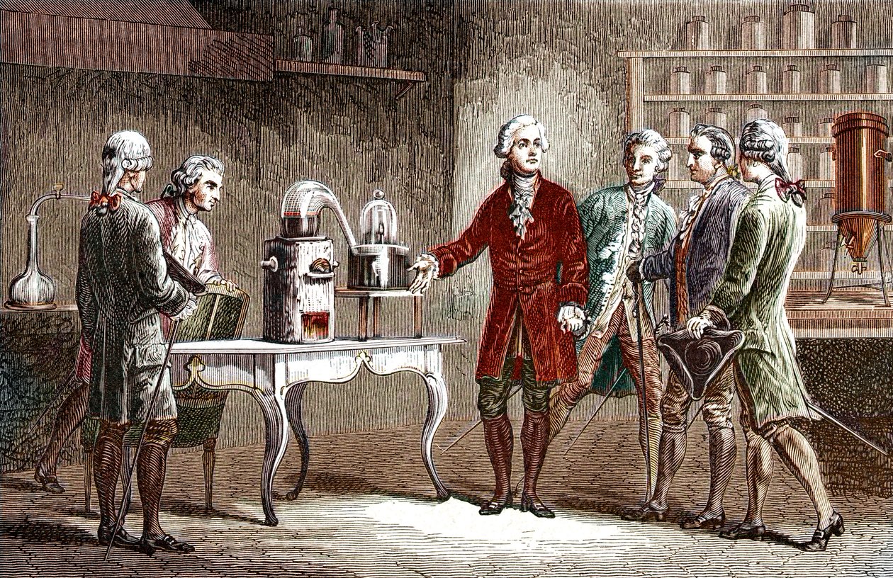 Antoine Laurent Lavoisier (1743-1894) wykonuje rozkład powietrza w 1776 r. - Antoine Laurent Lavoisier Angielski chemik, pokazując kolegom naukowcom swój eksperyment, który ujawnił skład powietrza w 1776 r. - Grawerowanie od Louisa Figuiera autorstwa Unknown artist