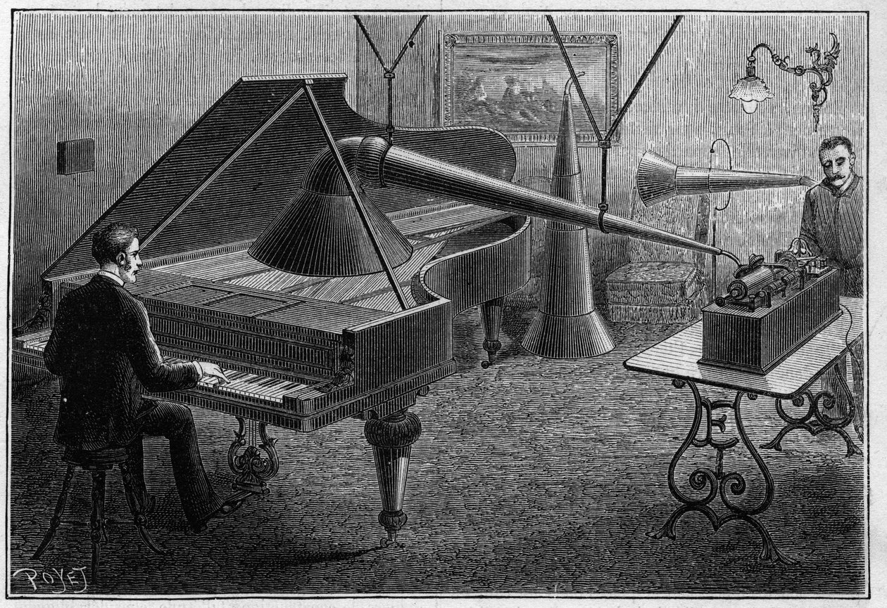 Aparat do nagrywania utworu fortepianowego przez fonograf, wynalazek Thomasa Alvy Edisona (1847-1931). Grawerowanie w „” Naturze. Czasopismo nauki i jego zastosowania w sztuce i przemyśle. autorstwa Unknown artist