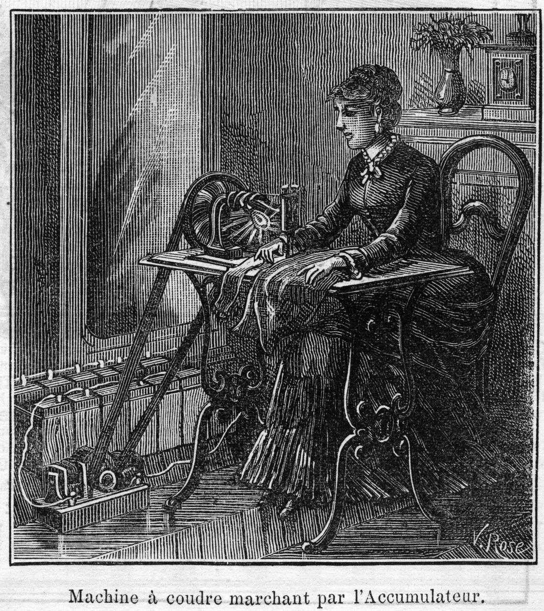 Zastosowanie baterii Faure: elektryczna maszyna do szycia przechodząca przez akumulator. Grawerowanie w „”Le Monde Illustré”” autorstwa Unknown artist