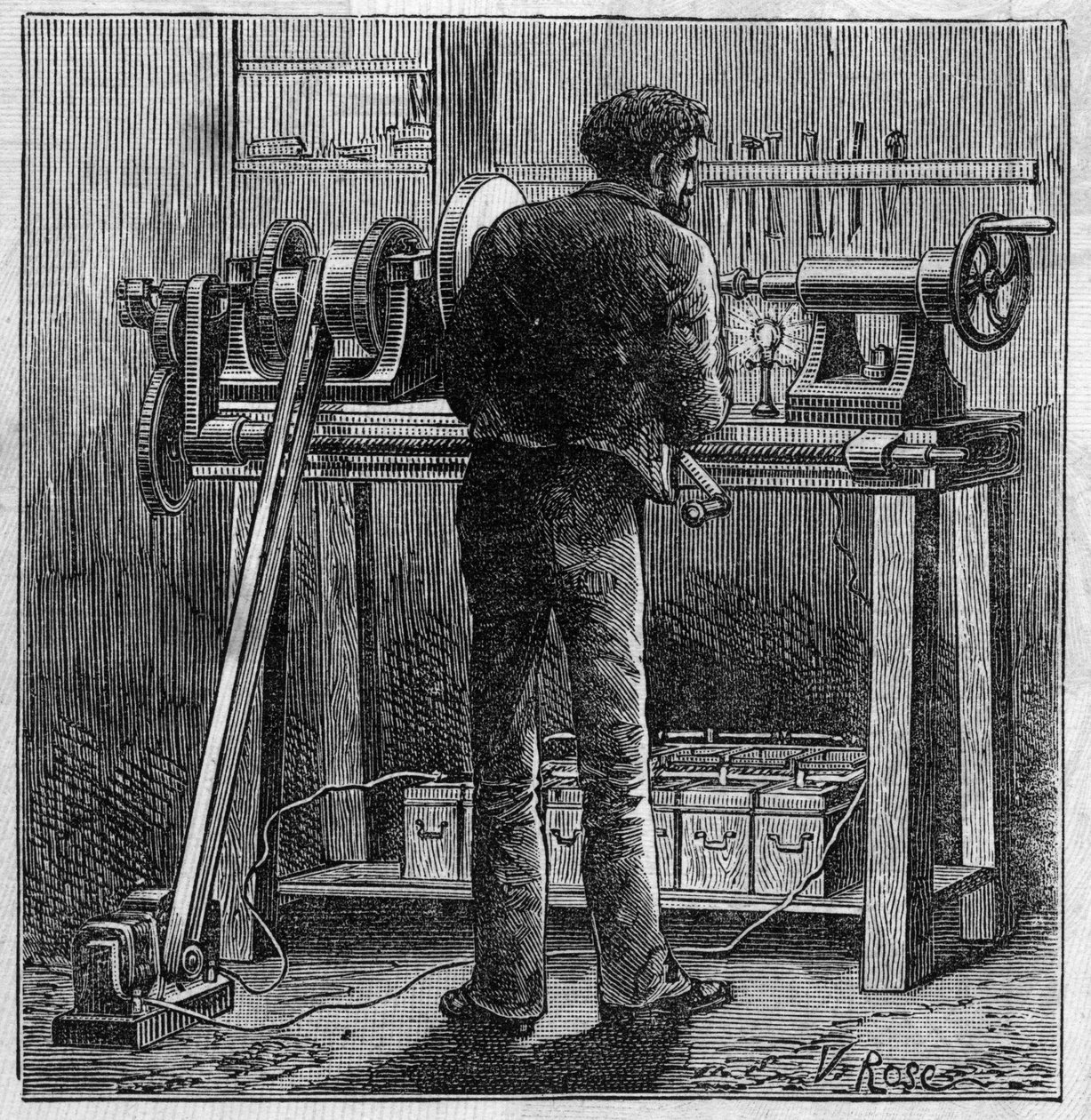 Zastosowanie baterii Faure: obrót rzemieślnika zasilany akumulatorem. Grawerowanie w „”Le Monde Illustré”” autorstwa Unknown artist