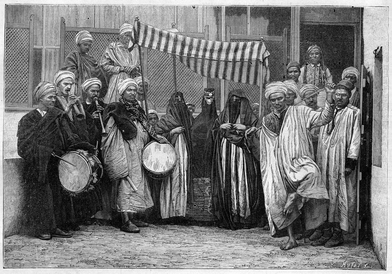 Zwyczaj arabski w Egipcie: Orszak ślubny w Kairze. Grawerowanie w „”Le Monde Illustré”” autorstwa Unknown artist