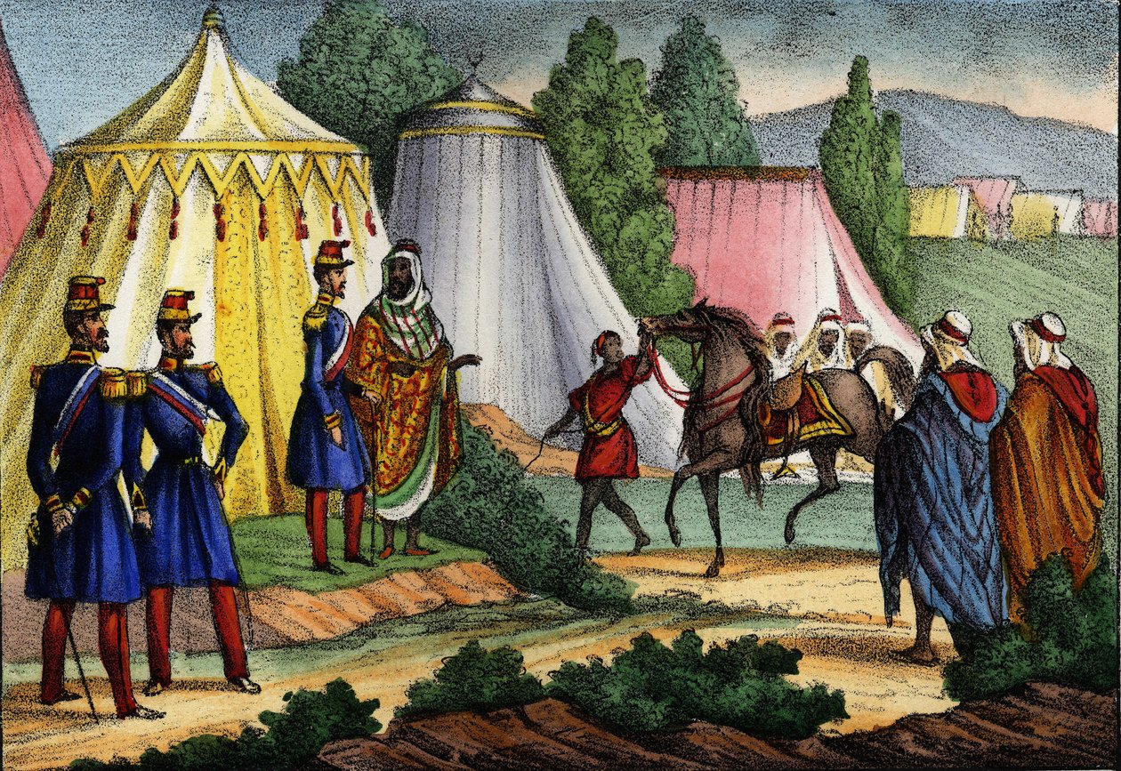 Przywódca arabski oferujący konia oficerowi francuskiej armii Afryki, Algierii autorstwa Unknown artist