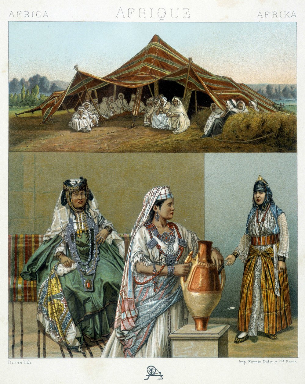 Namiot arabski, kostiumy algierskich kobiet - w „Le costume historique” autorstwa Racinet autorstwa Unknown artist
