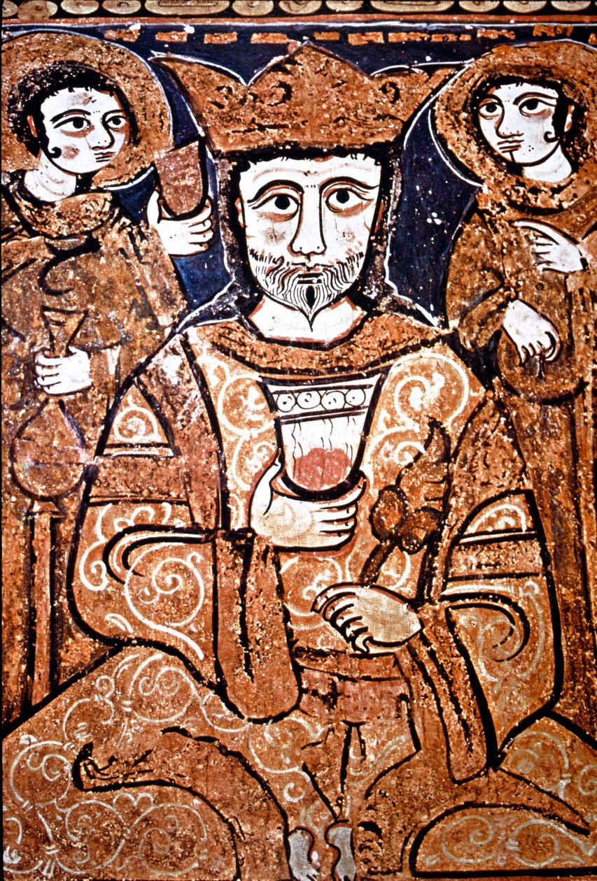 Portret w stylu arabskim Rogera II z Sycylii (1095-1154) otacza wysokich dygnitarzy. Malarstwo na drewnie z XII wieku. Palermo, Cappella Palatina del Palazzo Reale (Kaplica Palatyńska Pałacu Królewskiego) Sycylia, Włochy autorstwa Unknown artist