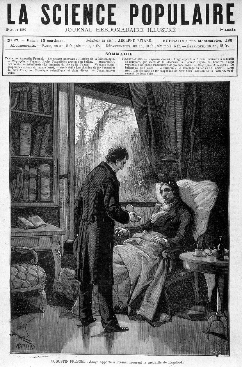 Arago przynosi umierającemu Augustinowi Fresnelowi medal Benjamina Thompsona Earl of Rumford – w „Popular Science” z 19.08.1880 r. autorstwa Unknown artist