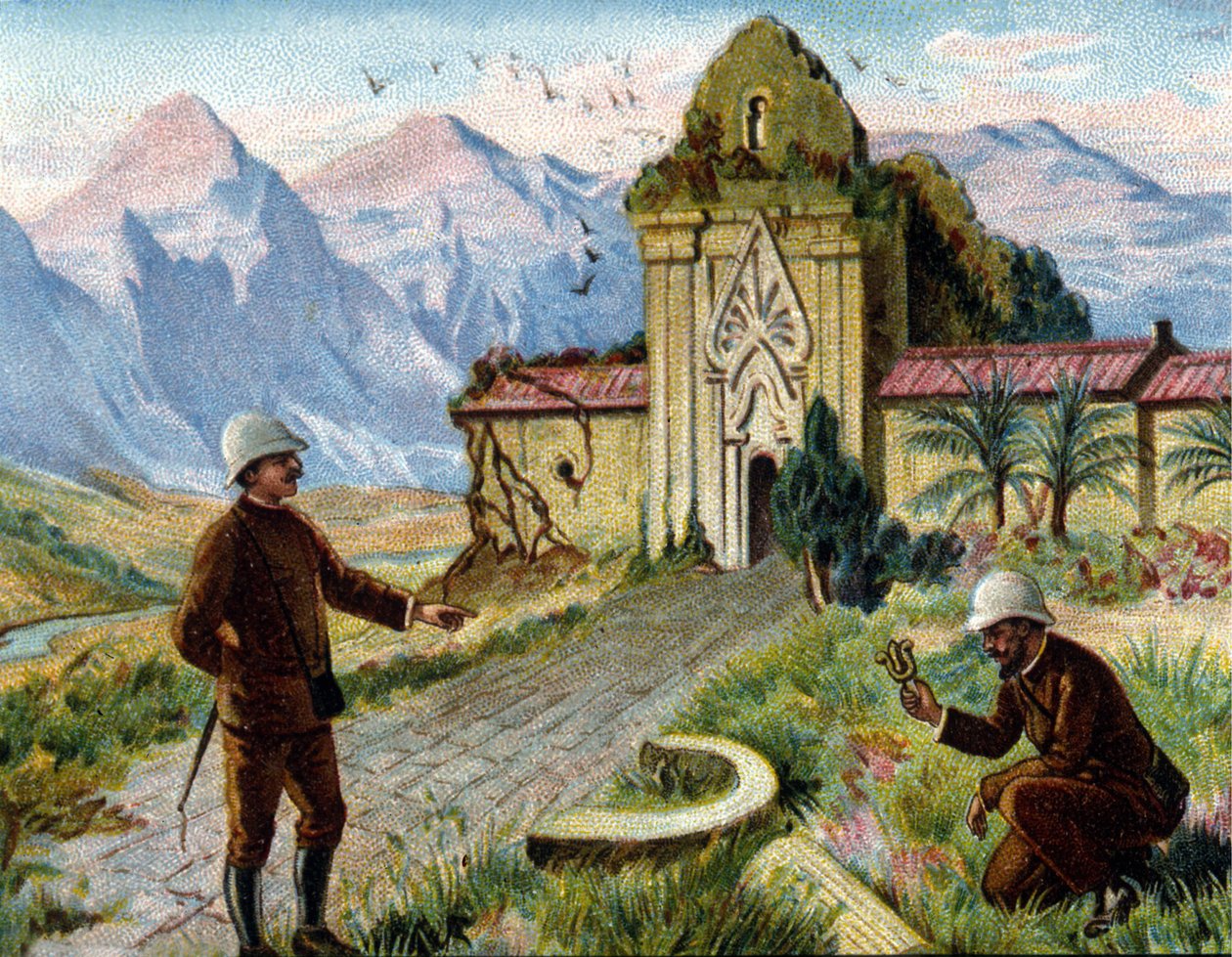 Archeolodzy w Kambodży. chromolitografia z końca XIX wieku.. autorstwa Unknown artist