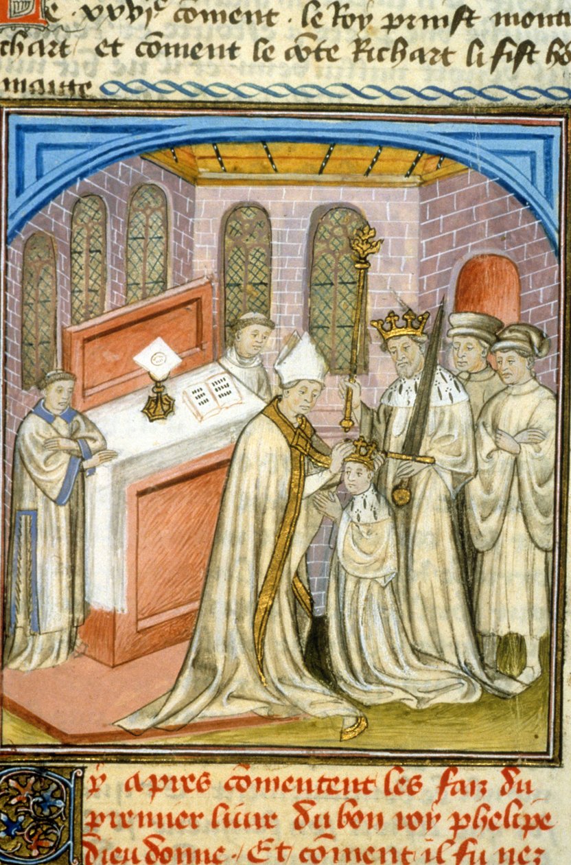 Arcybiskup koronowany Philippe Auguste w 1179 - Iluminacja średniowiecza (ref. 512, 226r) Prośba o zgodę Biblioteki Miejskiej w Tuluzie (tel: 05 62 27 66 66) autorstwa Unknown artist