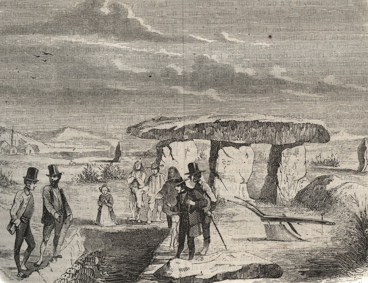 Wykopaliska archeologiczne: odkrycie grobowców Galii w pobliżu Dolmen de la Pierre aux Fees (Pierre-aux-Fees) w Oise (60). Grawer z 1856 r. w „Le Musee Des Sciences”” autorstwa Unknown artist