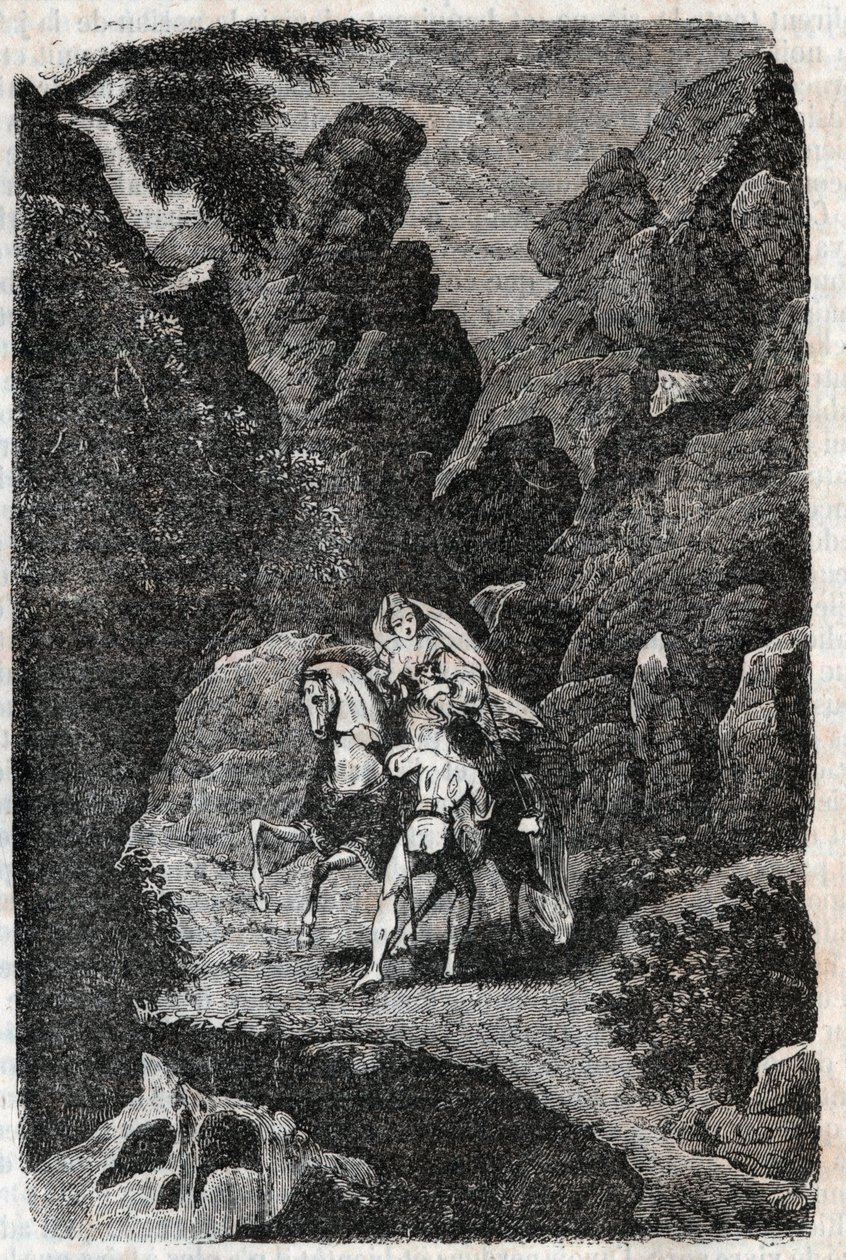 Argie zaatakowany rozkazami swojego oblubieńca - rycina z 1851 r. z „Wściekły Roland” (Orlando furioso) (XVI w.) Ludovico Ariosto, znanego jako Ariosta - Wydanie przetłumaczone z włoskiego przez hrabiego Tressan i wydane przez Gustave