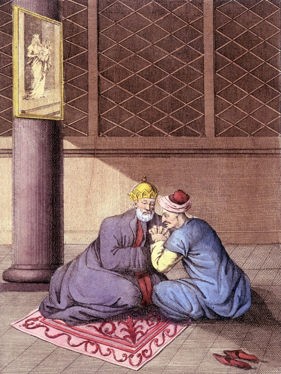 Biskup ormiański słuchający spowiedzi mężczyzny. autorstwa Unknown artist