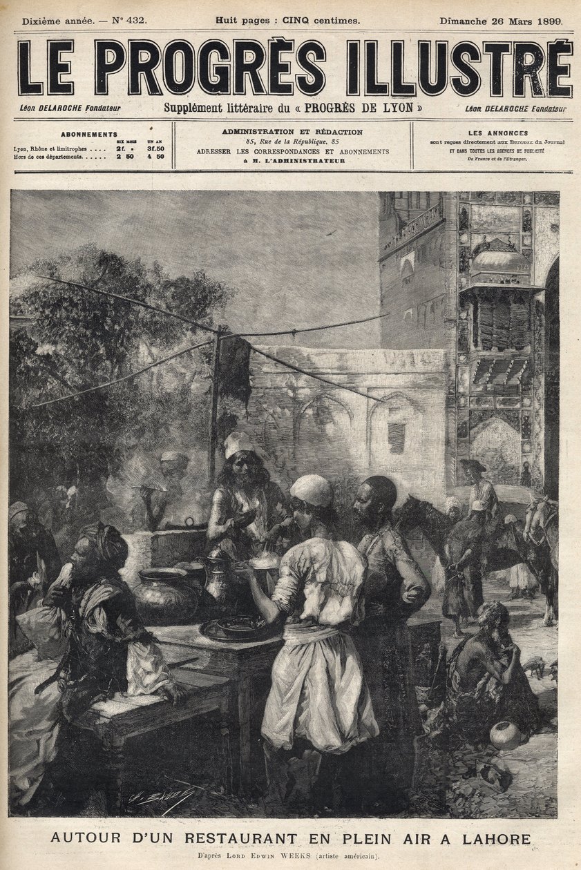 Wokół restauracji na świeżym powietrzu w Lahore w Pakistanie - okładka „Wspaniałego postępu” z marca 1899 r. - autorstwa Unknown artist