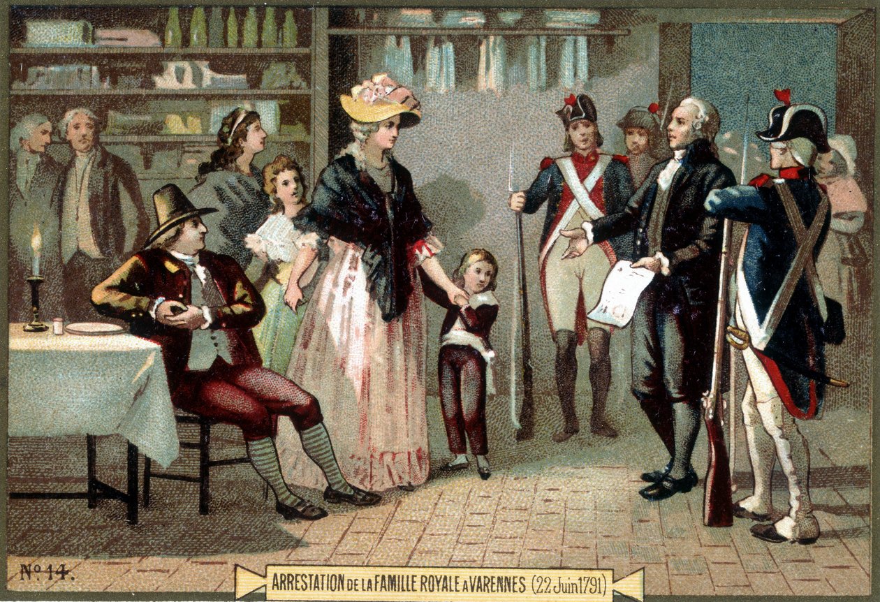 Aresztowanie rodziny królewskiej (Ludwika XVI i Marii Antoniny z dziećmi) w Varennes (22/06/1791). Chromolitografia XIX wiek. autorstwa Unknown artist