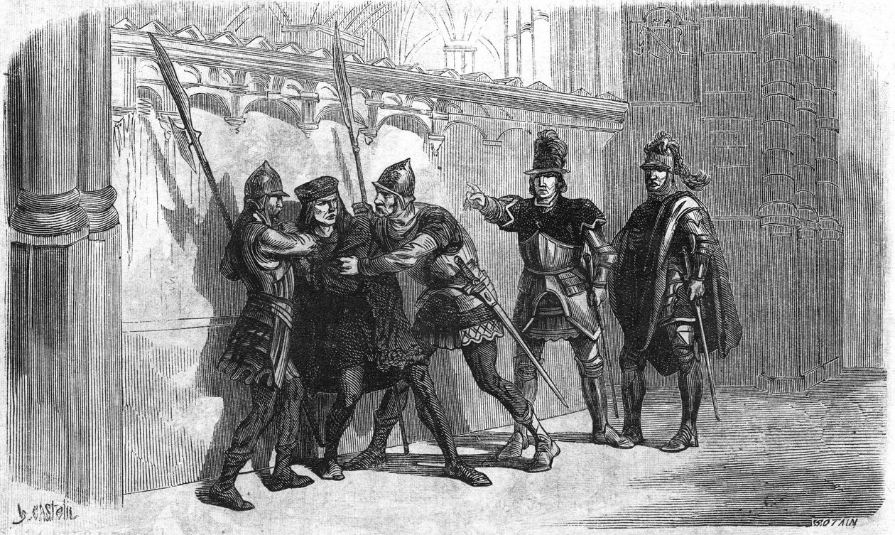 Aresztowanie basarda Rubempre za panowania Ludwika XI. Rycina XIX wieku. autorstwa Unknown artist