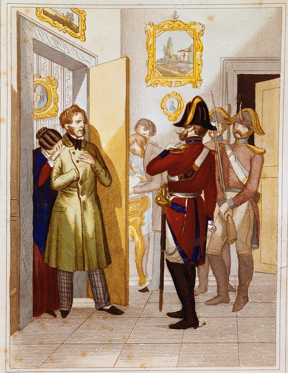 Aresztowanie patrioty Federico Confalonieriego (1785-1846) przez wojska włoskie. Rycina XIX-wiecznego Museo del Risorgimento, Rzym autorstwa Unknown artist