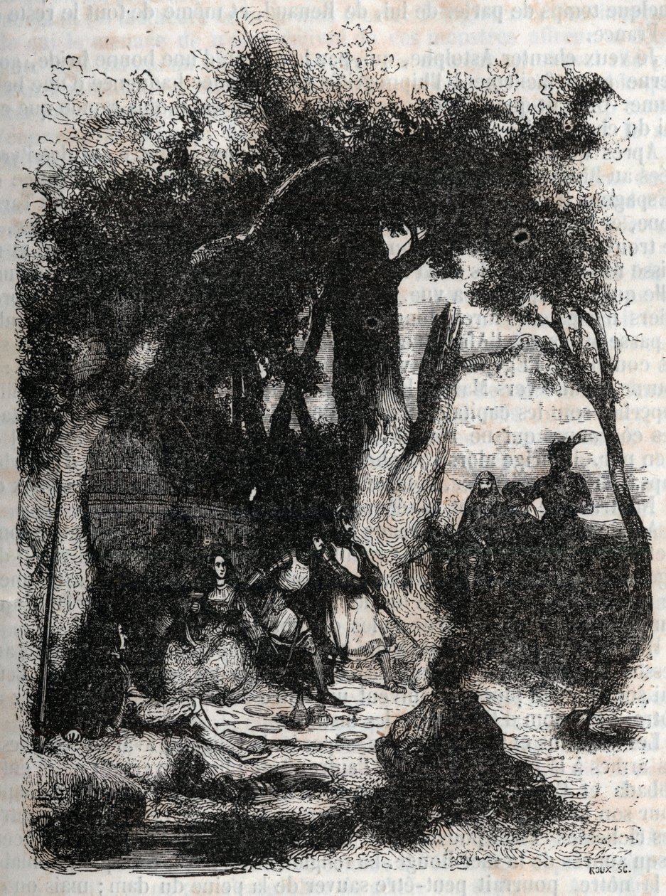 Przybycie Rodomonta i Mandricarda do fontanny Merlin - rycina z 1851 roku z „Roland furieux” (Orlando furioso) (XVI w.) Ludovico Ariosto, znanego jako Ariosta – wydanie przetłumaczone z języka włoskiego przez hrabiego Tressan i wydane przez autorstwa Unknown artist
