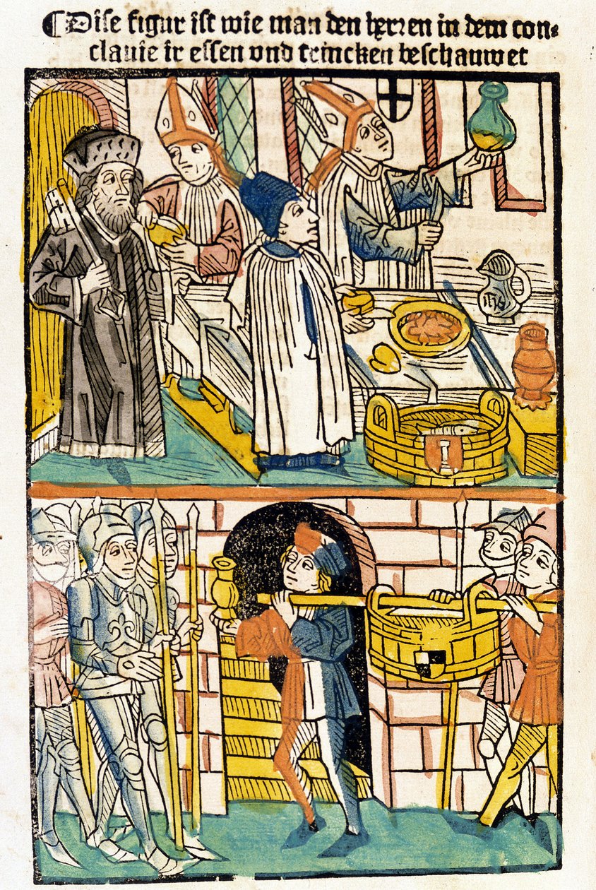 Przyjazd żywności, aby mogli jeść członkowie Soboru w Konstancji (1417), podczas którego wybrano papieża Marcina V. „Das Concilium” autorstwa Unknown artist