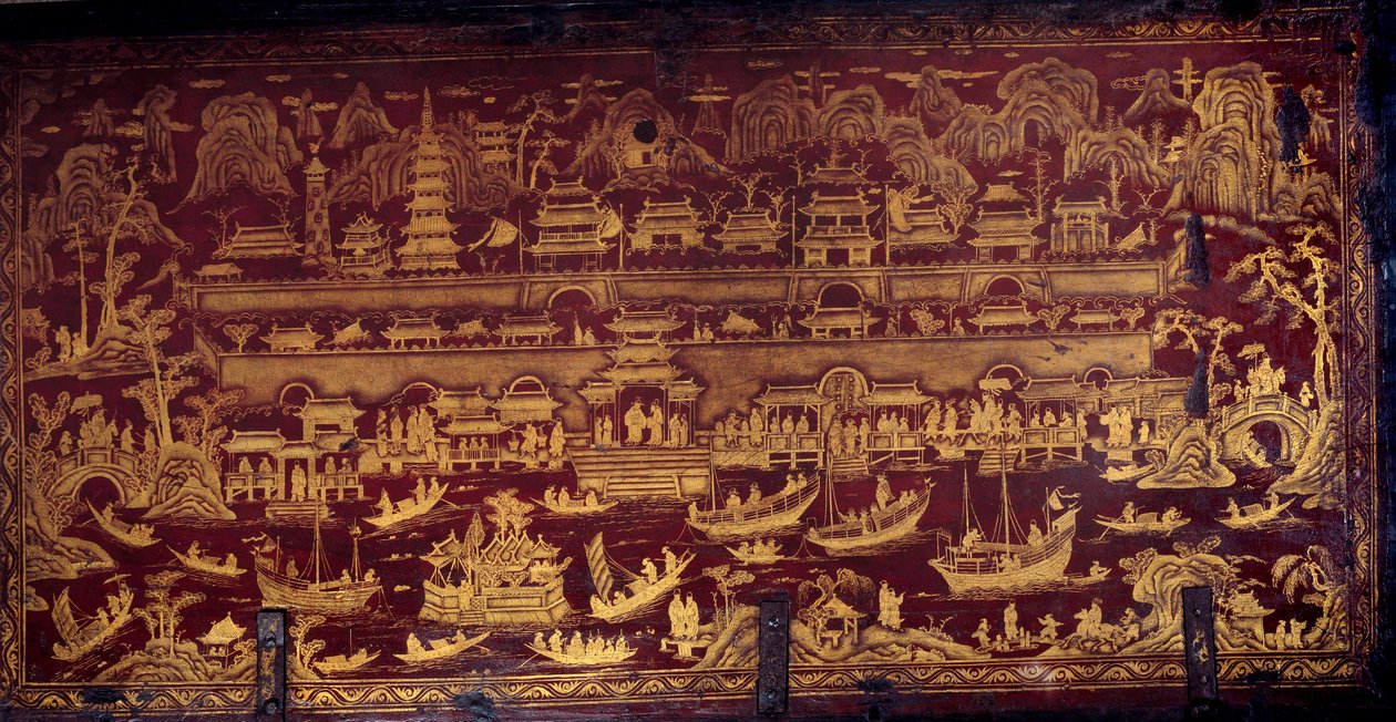Przybycie Portugalczyków do Nanjing (Nanjing lub Namquin), Chiny. Pokrywa pudełka pokryta czerwono-złotą farbą. XVII wiek. Porto, Muzeum Narodowe autorstwa Unknown artist