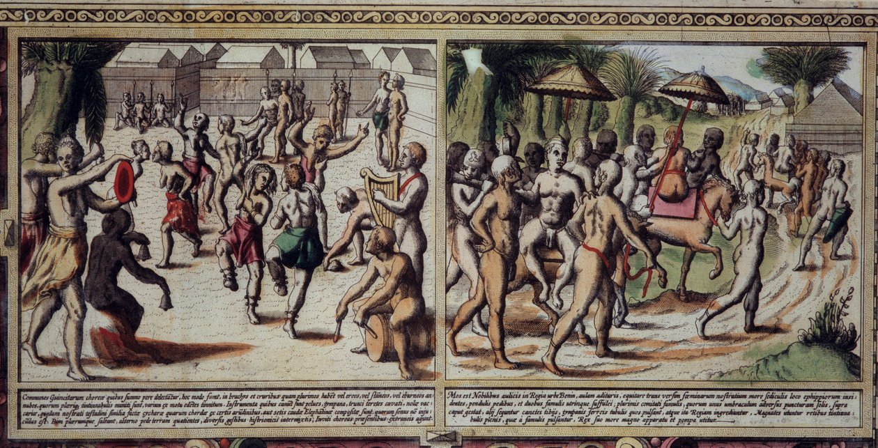 Sztuka Portugalii: taniec rdzennego szczegółu mapy Gwinei autorstwa Luisa Texeiry (1602-1650), Rycina z XVII wieku. autorstwa Unknown artist