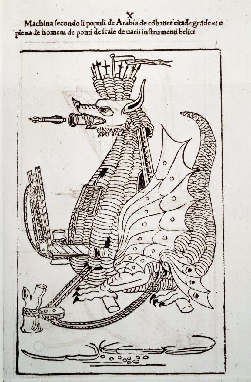 Sztuka wojny: nauka o maszynach wojskowych. „Arabica machina”, arabska maszyna do oblężenia miasta, ilustracja z „De re Militari” inżyniera Roberto Valturio (1413-1483?) autorstwa Unknown artist