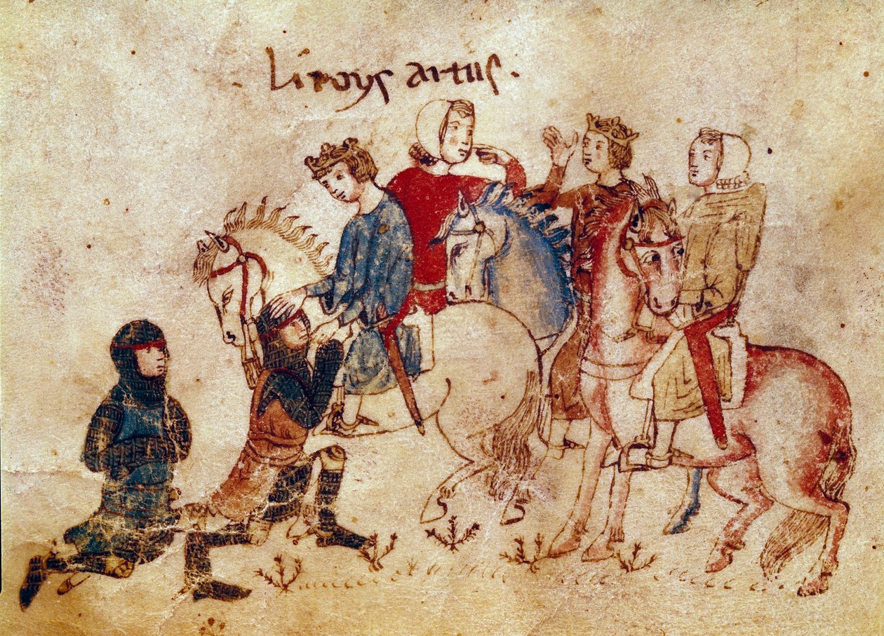 Legenda arturiańska: „” Król Artur zmiękczający rycerzy (Meliadus (lub Meliodas), Esclabor i Arfasar (lub Arphasar)”” Miniatura z „”Meliadusa, brata Tristana”” XIV-wieczna Wenecja Biblioteca Marciana autorstwa Unknown artist