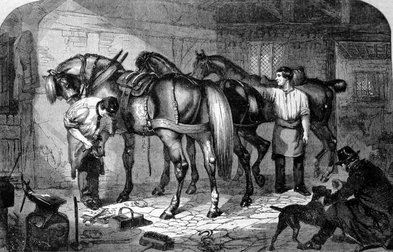 Rzemieślnik: Marechal Ferrants zrobił kopyta koni. Rycina XIX wieku autorstwa Unknown artist