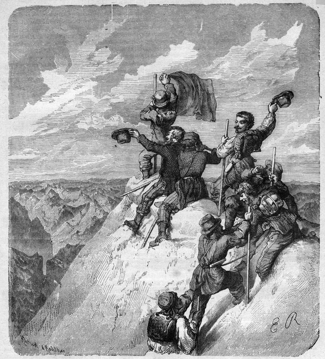 Wniebowstąpienie Illimani (6,439 m) (Nevado Illimani, szczyt Paryża) autorstwa Charlesa Wienera (1851-1913) francuskiego odkrywcy i dyplomaty oraz jego towarzyszy - rycina w „” Journal des voyages””” 1887 autorstwa Unknown artist